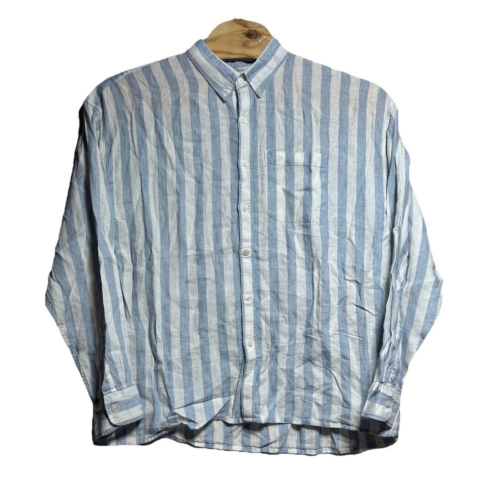 NEW Abercrombie & Fitch 100% Linen Shirt Men XXL Blue Striped Coastal Beach‎